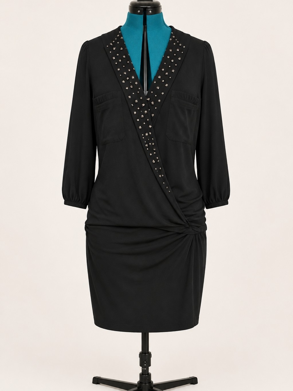INC International Concepts Black Stud-Trim Wrap Midi Dress